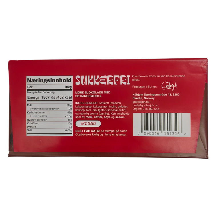 Sukkerfri Mørk Sjokolade 75g