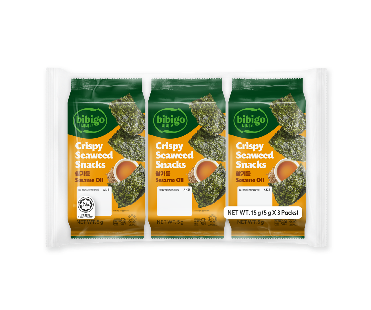 Bibigo Crispy Seaweed Snack Sesame 3stk x5g