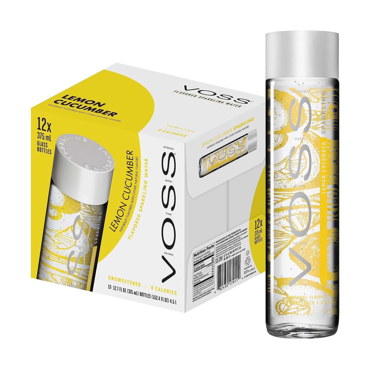 Voss Lemon Cucumber Sparkling Water 375 ml glassflaske